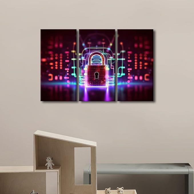 3 Panels Framed Wall Art Padlock on Technological Circuit Background with Neon Lights Picture Prints on Canvas Artwork for Home Wall Decorations, Wooden Framed Ready to Hang, 36" Wx24 H