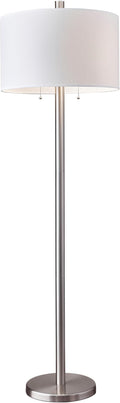 Adesso Floor Lamp with Dual Pull Chains, Brushed Stee; Finish, White Fabric Lampshade – Bedroom, Home Office Lighting, or Living Room Decor, 61” x 18.5”