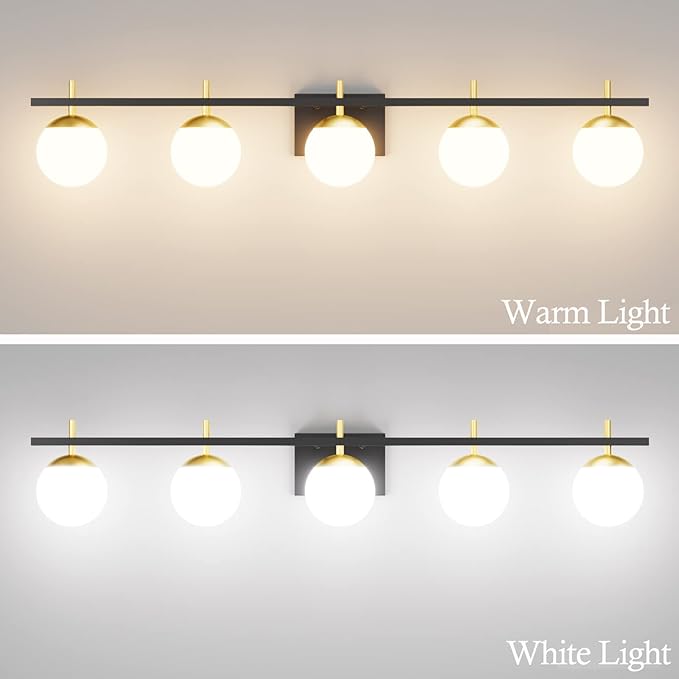 Ralbay Mid Century Modern Bathroom Vanity Light Fixture 5 Light Milky Glass Globe Modern Bathroom Light Fixture Over Mirror, Black/Golden 5 Light