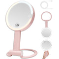 Makeup Mirror with Lights - 360° Rotation, 3 Color Modes (Dimmable), 1X/10X Magnifying Double-Sided Mirror, Rechargeable & Portable Vanity Mirror with Touch Control for Tabletop, Home, Travel Pink