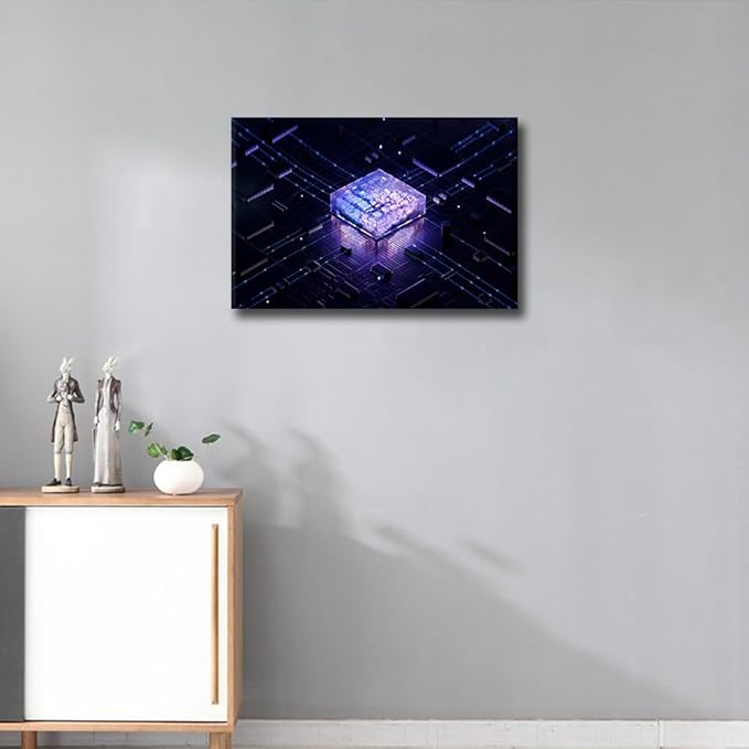 TUMOVO 1 Panel Wall Art Glowing CPU Poster on Canvas, USA Art Paintings CPU Concept Picture Giclee Internet Concept Artwork Prints for Modern Office Home Decoration, 18x12in