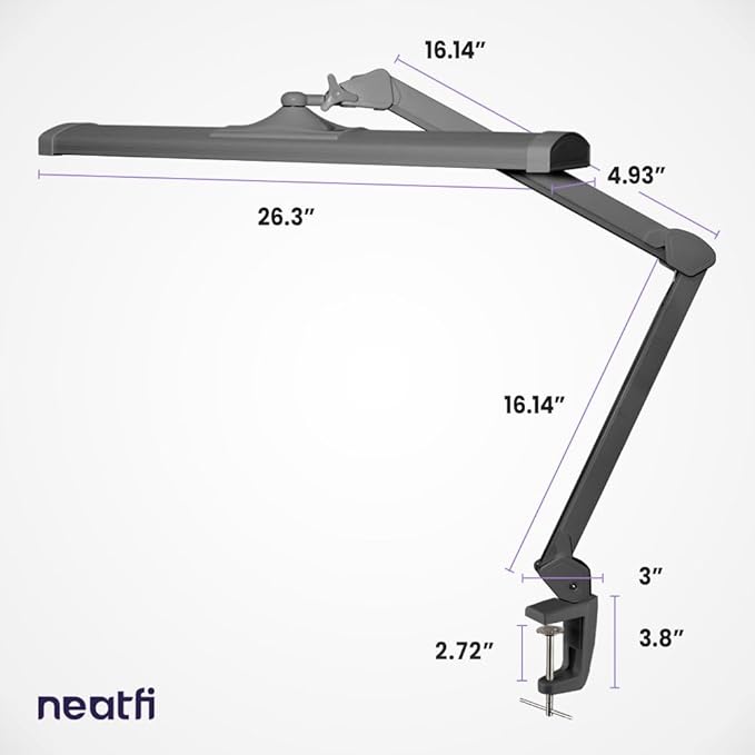 Neatfi Ultra 3,500 Lumens LED Desk Lamp – 45W, 26” Wide Metal Shade, 270 SMD LEDs, Shadow-Free | Adjustable Brightness | Non-Flickering Task Light for Nail, Craft & Office (Non-CCT with Clamp, Silver)
