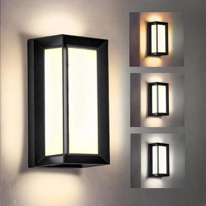 LANFU LED Modern Outdoor Wall Sconce Light 3000k 4500k 6000k 3-Color Adjustment Outside Light, Black IP65 Waterproof for House Patio Yards,Exterior Wall (1 Pack)