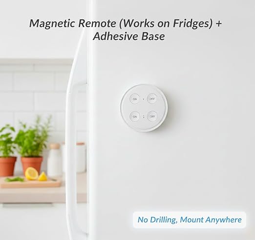 LoraTap Wireless Outlet (2 Pack) - Ergonomic Round Remote (Comfort Grip!) + Magnetic Wall Base - Stick & Grab, No Wall Damage - 15A/1875W 100ft Range - Control for Hard-to-Reach Sockets