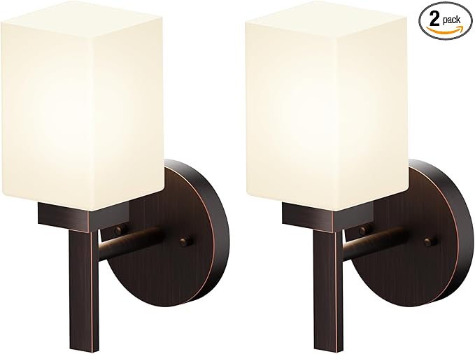 Wall Lights Over Mirror Bathroom Vanity Light Fixtures with White Frosted Glass Shade, Wall Sconces for Porch, 2 Pack Oil Rubbed Bronze T002ORB-L1-P2