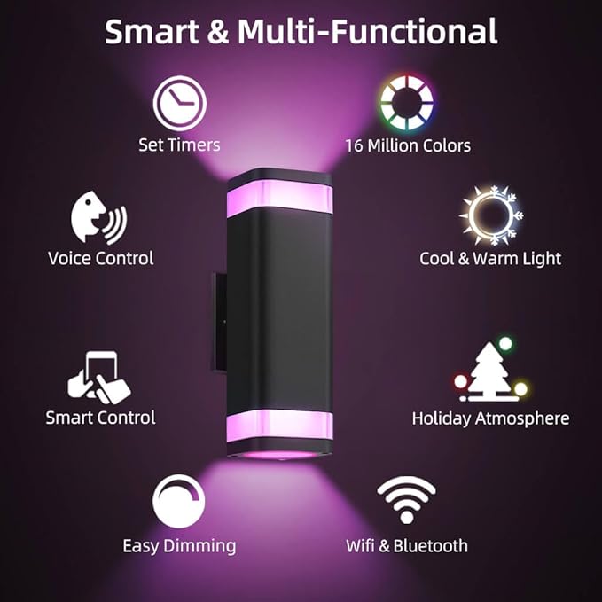 SHIMR Smart RGB Outdoor Wall Lights 2 Pack, WiFi App Control Color Changing Up Down Exterior Sconce with Dusk to Dawn Sensor, Waterproof LED Wall Mount Light Fixture, Compatible with Alexa & Google