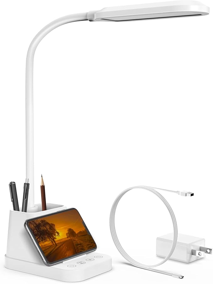 AXX White LED Desk Lamp with USB Charging Port, Flexible Gooseneck Table Light, 650LM, Phone Mount, Pen Holder, Timer Settings, Study Essentials for College Dorm Room Home Office Bedroom