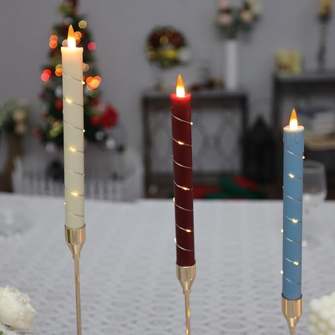 Flameless Cone Candle with Built-in Star String Light, 11-Button Remote Control, Timer, Battery Powered, Simulated Flame, 3-Pack Window Candle, Christmas Home & Wedding Decoration (White, red, Blue)