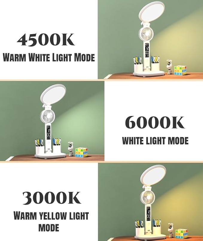HURRISE Desk Lamp LED, LED Desk Lamps with Fans, Eye Care Foldable Touch Control Round USB Charging 3 Color Temperature Stepless Dimmable 3200mAh Clock Table Lamp with Fan Pen Holder