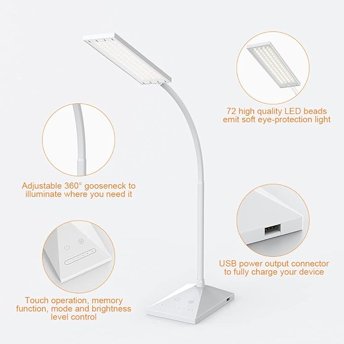 Vansuny LED Desk Lamp with USB Charging Port, Eye-Caring, 5 Color Modes,6 Brightness Levels, Touch Control, Adjustable Neck, Memory Function for Dorm Office Work Bedroom (12W,White)