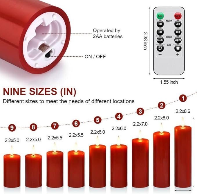 Nancia Flameless Battery Operated Flicking Candles:9pack Red Remote Control Realistic Wax Pillar LED Candle with 10-Key Cycling 24 Hours Timer for Home Decoration Wedding Birthday Party