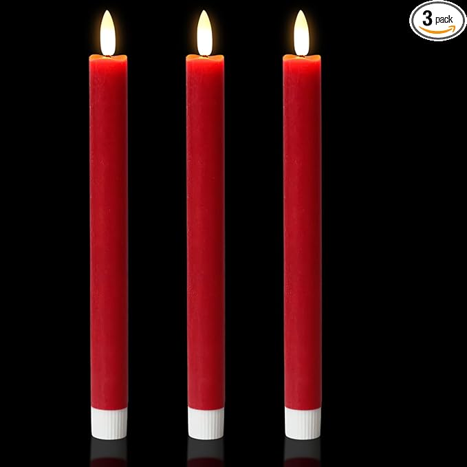 Wondise Flameless Taper Candles with Timer, 3 Pack Battery Operated LED Flickering Real Wax Red Candle for Christmas Wedding Dinner Decorations