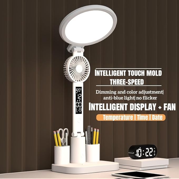 HURRISE Desk Lamp LED, LED Desk Lamps with Fans, Eye Care Foldable Touch Control Round USB Charging 3 Color Temperature Stepless Dimmable 3200mAh Clock Table Lamp with Fan Pen Holder