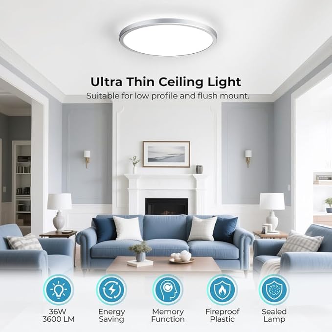 BLNAN Dimmable LED Flush Mount Ceiling Light Fixture with Remote Control, 3000K-6500K Low Profile Wired Lamp, Modern Ultra Thin Close to Ceiling Light for Bedroom Kitchen (Silver, 12Inch)