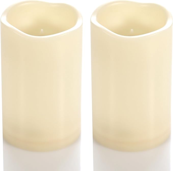 CANDLE CHOICE Waterproof Outdoor Battery Operated Flameless Candles with Timer Flickering Plastic Resin Electric LED Pillar Lights for Lantern Patio Garden Wedding Party Decorations 3x5 Inches 2 Pack
