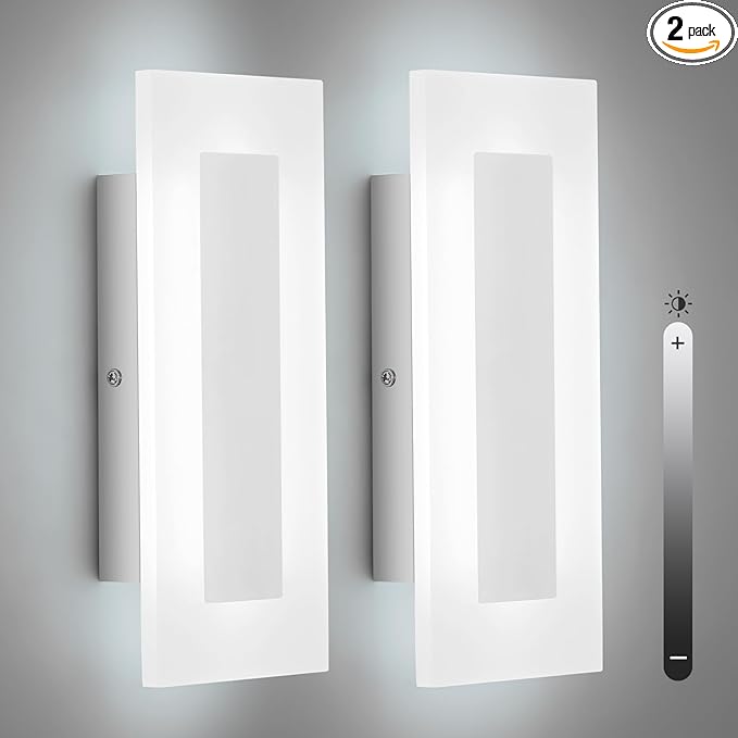 LMQNINE Modern Dimmable LED Wall Sconces Set of Two with 10%-100% Brightness Wall Light 9W 6000K Acrylic Chrome Wall Sconces Wall Lighting for Bedroom Living Room Hallway Staircase Corridor