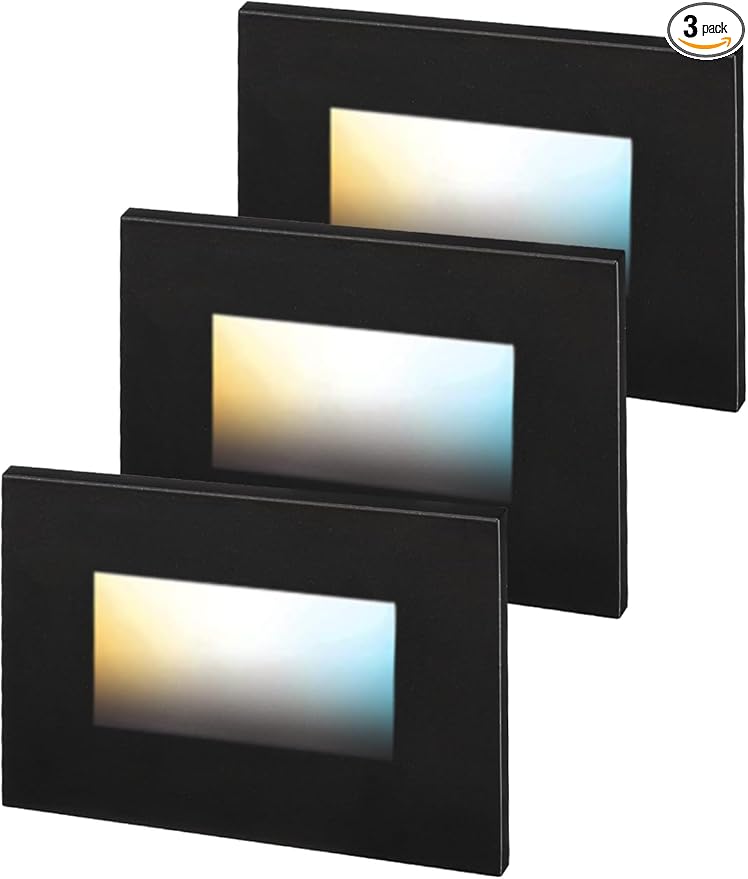 LEONLITE Black 5CCT 120V LED Step Lights, 3.5W 150LM 5%-100% Dimmable Horizontal Stair Lights Indoor Outdoor Wet Location, CRI90+ & ETL, 2700K/3000K/3500K/4000K/5000K, Aluminum, Pack of 3