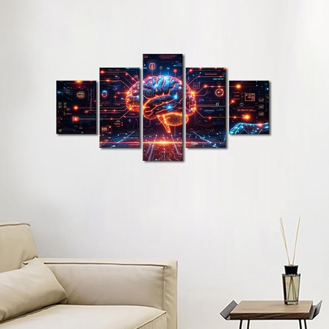 TUMOVO 5 Panel Artificial Intelligence Paintings Wall Decor Robot Brain Posters for Room Digital Brain Canvas Wall Art for Living Room Bedroom AI Picture Modern Artwork Home Decor 60" Wx32 H