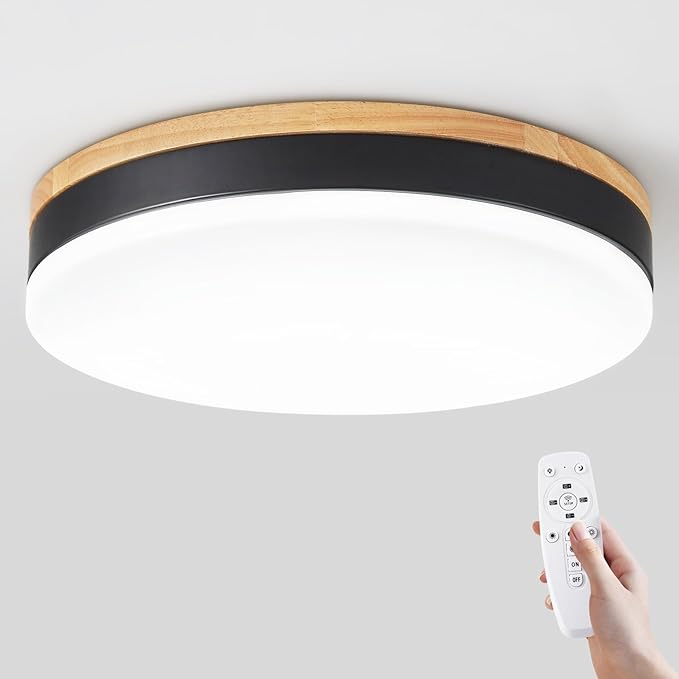 Modern Wood Led Ceiling Lights with Remote, Dimmable 11.8in Black Flush Mount Ceiling Light, 24W 3000K-6000K Light Color Adjustable, 2200LM Round Ceiling Lamp for Bedroom, Kitchen, Hallway