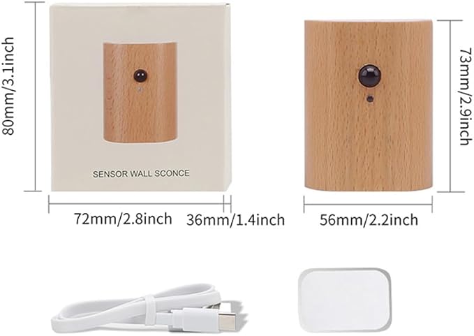LANDGOO 1-Pack Wood Step Light with Motion Sensor, Rechargeable Stair Night Light, Beech Wood 2700K Warm White LED Wall Lamp, Easy No-Wire Installation for Hallway Bedroom
