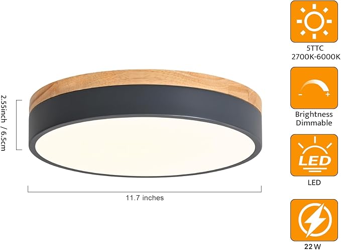 Dimmable Wood LED Flush Mount Ceiling Light, 5CCT 2700K-6000K Modern Round Close to Ceiling Lighting Fixtures, Minimalist Grey Ceiling Lamp for Bedroom, Kitchen, Laundry Room, Hallway, 11.7 in