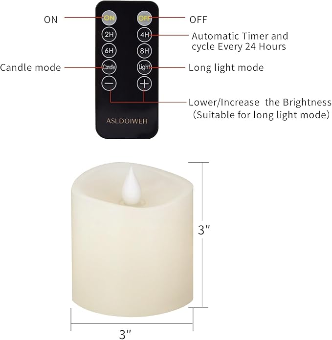 3x3 Flickering Flameless Candles Set of 1, 2AA Battery Life 600 Hours Battery Candles Flickering with Timer,3 inch Flameless Candles with Remote for Indoor/Outdoor, Ivory