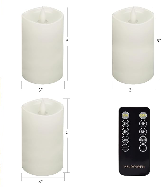 3" x 5" White Flameless Candles Set of 3, 2AA Battery Life 600 Hours Battery Candles Flickering with Timer, 5 inch Flameless Candles with Remote for Indoor/Outdoor