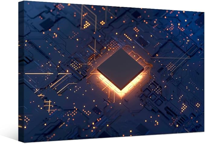 Computer Chip Wall Paintings CPU Concept Pictures Print On Canvas Technology Digital Art Wall Art for Living Room Bedroom Wall Decoration Office Wall Art Giclee Framed Ready to Hang 16X24 INCH