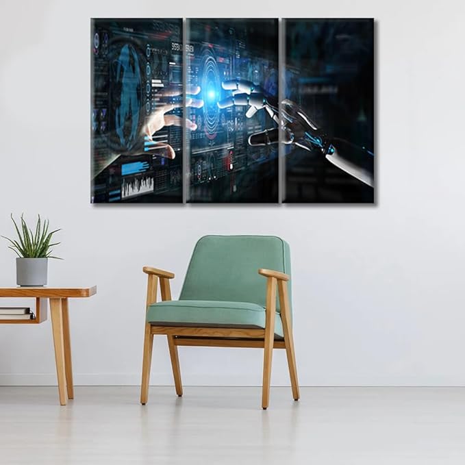 Wall Art Decor Canvas Wall Art Robot Hand and Human Hand Touching Art Prints Contemporary Home Decor Virtual Network Pictures Wall Art Framed Gallery-Wrapped Ready to Hang (36"Wx24"H)