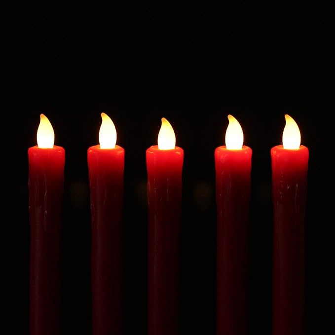 Rhytsing Red 10" Flameless Taper Candles with Timer, Battery Operated Candles, Push-Activated, Wax Drip, Warm White Light, Remote & 10 Batteries Included - Set of 5