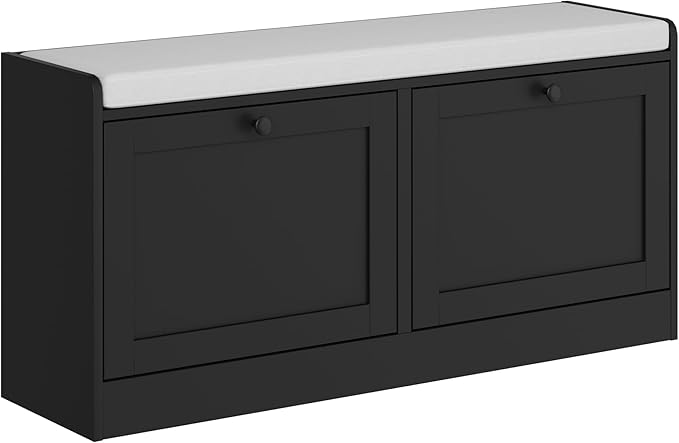 Modern Shoe Storage Bench fits up to Shoe Size 16, Entryway Bench with 2 Flip Drawers and Padded Seat Cushion, Wooden Shoe Bench with Storage for Entryway, Hallway, and Apartment, Black