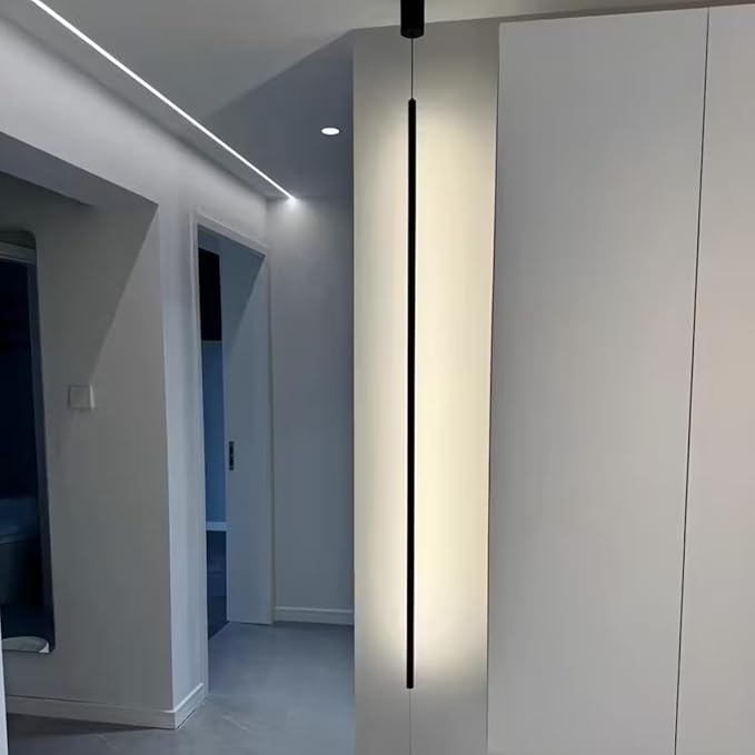 Black Modern Minimalist Pendant Light Linear Floor to Ceiling Light Long Strip LED Pendant Lights 31.5" Hardwired Bedside Hanging Lamp for Bedroom TV Background
