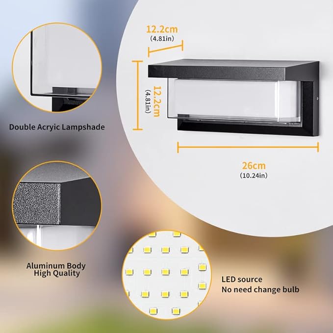 LANFU LED 18W Minimalist Horizontal Rectangular Outdoor Wall Sconce Light, Black, Warm White, IP64 Waterproof, Patio, 10.24 x 4.81 x 4.81 Inches