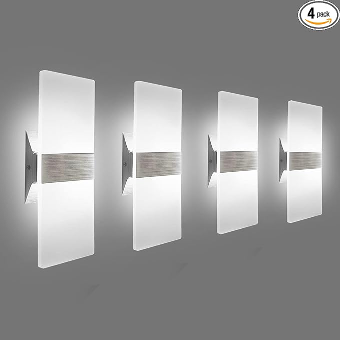 KICAAO Modern Wall Sconces 4 Pack, Led Wall Light 10w, Wall Sconce Up Downlight, Hardwired Acrylic Wall Light Lighting, Suitable for Living Room Corridor Bedside (Cool White 6000K 4Pack)