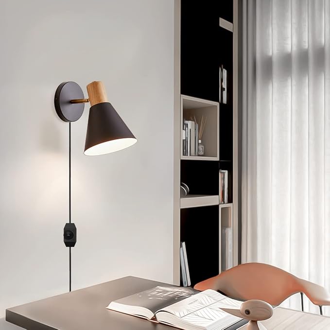 ClanKin Plug in Wall Sconces Lighting for Bedroom, Black Dimmable Wood Style Wall Sconce Reading Lamp, Adjustable Wall Light for Bedroom Hallway Living Room (Black-Plug in, 1)