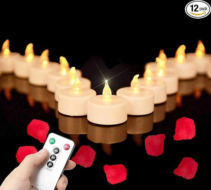 12 Pack Flameless LED Tea Light Candles with Remote Control, Realistic and Bright Flickering Long Lasting 400 Hours, Decorative for Wedding Party Home Decoration Christmas Halloween WarmYellow