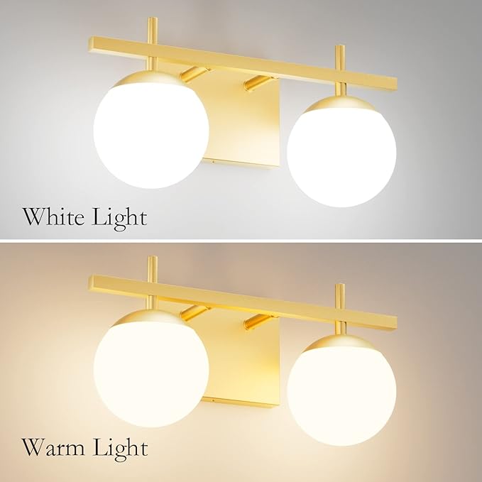 Ralbay 2-Light Gold Vanity Light Mid Century Modern Bathroom Vanity Light Fixture Milky Glass Globe Bathroom Wall Light Fixtures Gold 2 Light