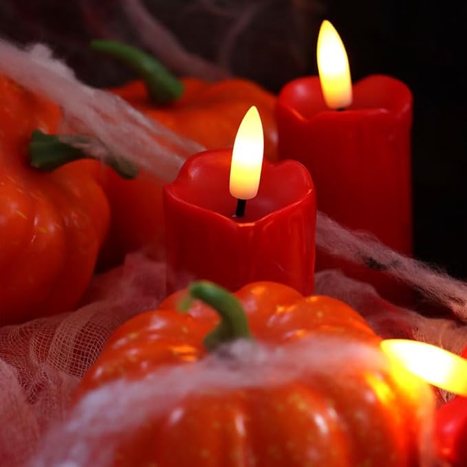 Battery Operated Plastic Flameless LED Drip Pillar Candle with Cycling Timer, Red Flickering Realistic Electric Light for Christmas Halloween Indoor Home Dinner Party Centerpiece Fireplace Decor 6Pcs