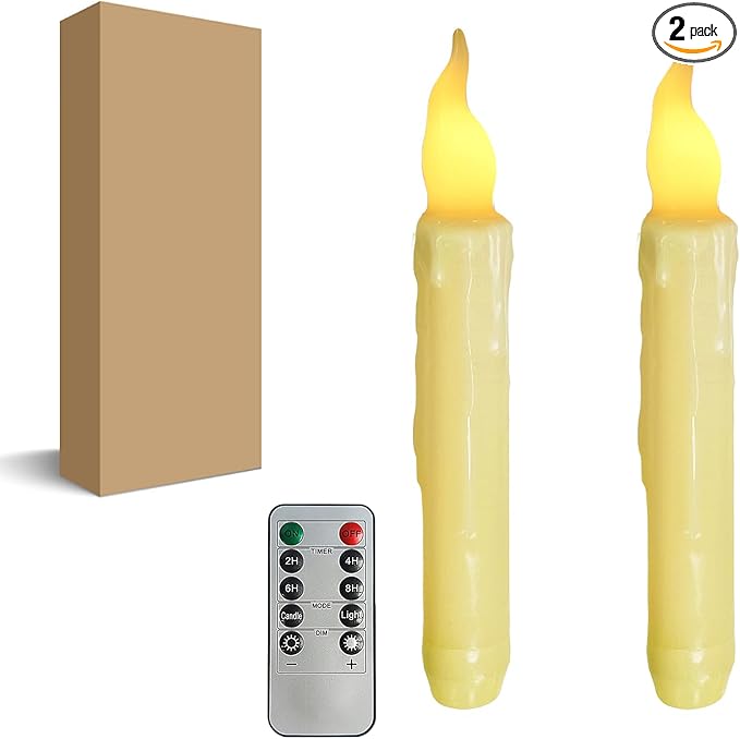 Yellow Flameless Short Taper Candles, Real Wax Hand Dipped LED Battery Operated with Remote, Flickering Flame Lights for Party Home Décor, 6.7 Inch Primitive Flameless Candles, 2PCS