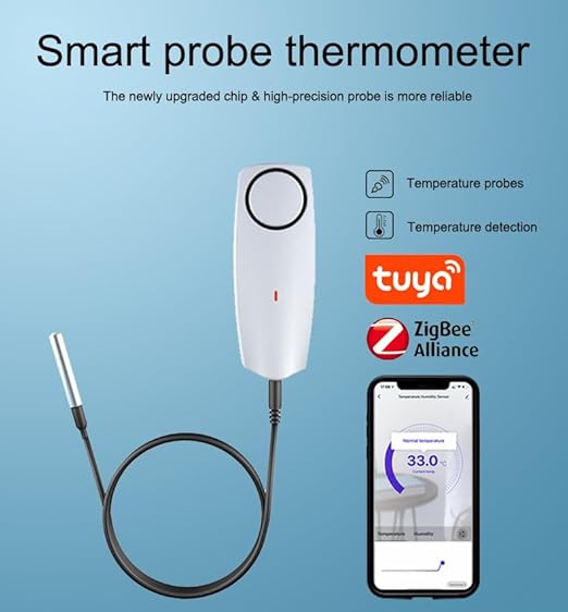 PHOVOLT Zigbee Refrigerator Thermometer:App Notification, Data Record Export, Fridge Thermometer with Probe for Refrigerator, Freezer, Hot Tub.Hub Required