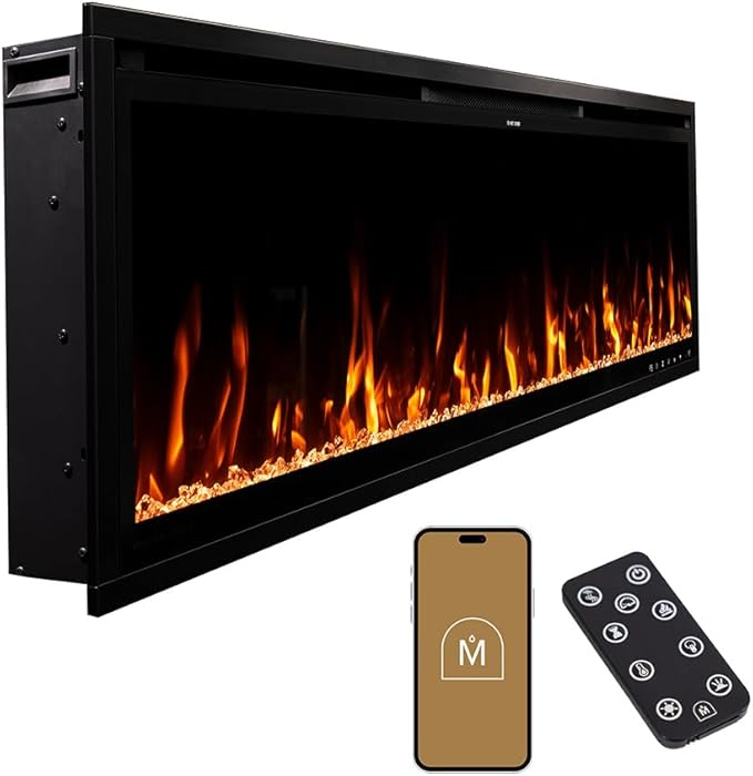Modern Ember Aerus Slim 60 Inch Smart Linear Electric Fireplace | Recessed in-Wall or Wall-Mount | LED Multiple Flame Colors | Alexa/WiFi Enabled | 4.25” Profile | Remote Included