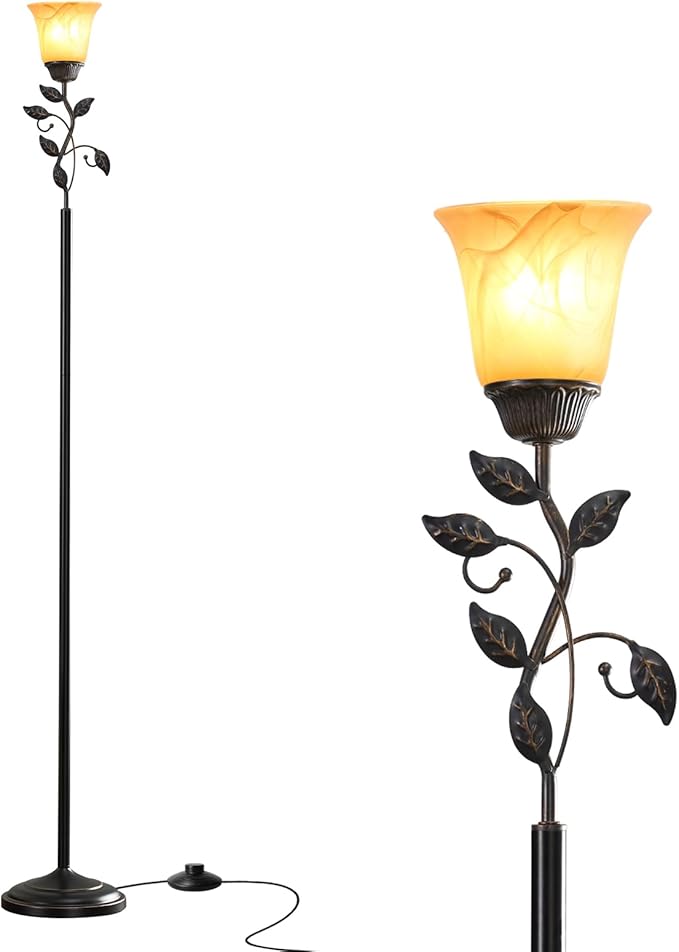 RORIANO 72” Flower Farmhouse Floor Lamp for Living Room, Unique Rustic Leaf Tall Standing Lamp with Amber Glass Shade and Traditional Foot Switch for Bedroom, Corner, Office, Bulb Included (Bronze)