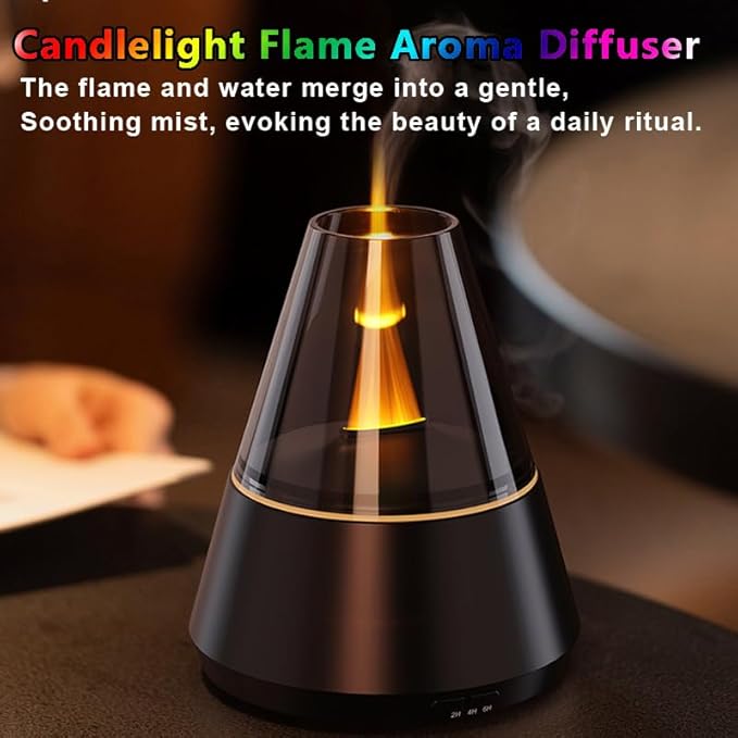 Flame humidifier,Flame Aroma Diffuser, 120ml Flame Humidifier, Essential Oil Aromatherapy Diffuser with 7-Color Changing LED Lights, Waterless Auto Shut-Off, Ideal for Home, Office, Bedroom (Black)
