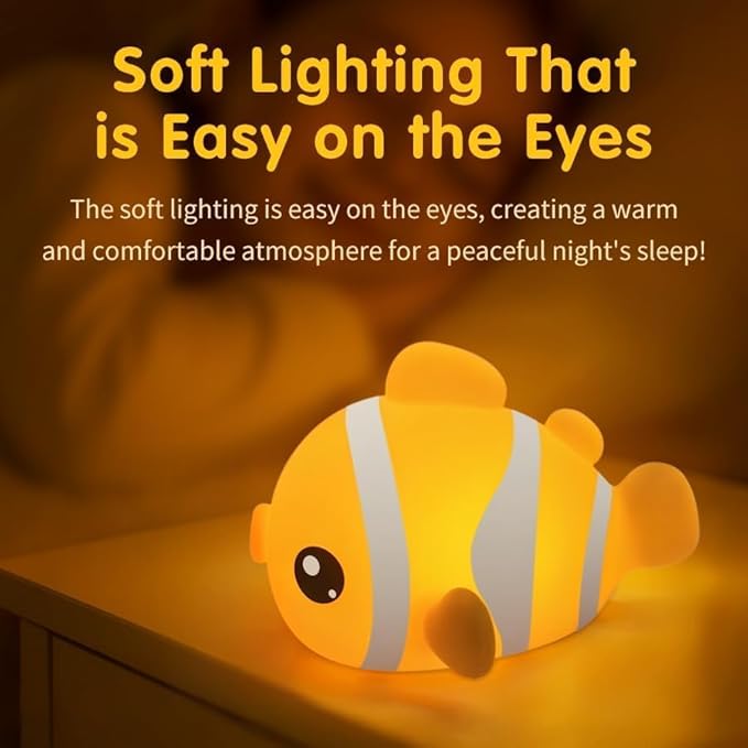 Cute Clownfish Night Light, Rechargeable LED Dimmable Silicone Lamp, Touch Control Novelty Bedside Light for Bedroom, Desk and Room Decor