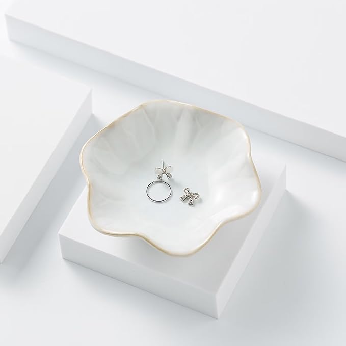 2Pcs Ceramic Jewelry Dish - Lotus Leaf Shape, for Ring Holder Necklace Small Key, Suitable for Mother Friend Sister, Gifts for Women, Cute Plate Trinket Tray, Home Decor (Crystal Green & White)