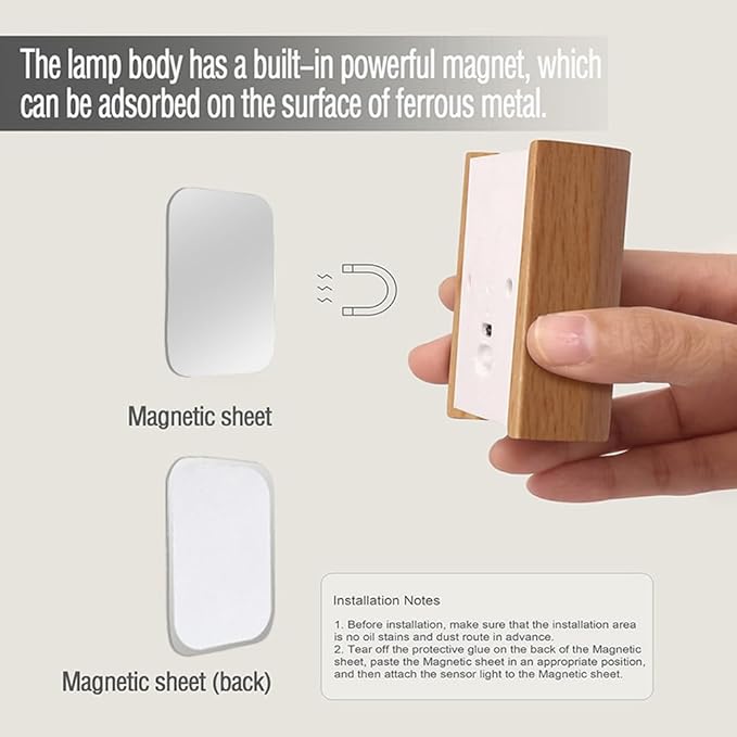 LANDGOO 1-Pack Wood Step Light with Motion Sensor, Rechargeable Stair Night Light, Beech Wood 2700K Warm White LED Wall Lamp, Easy No-Wire Installation for Hallway Bedroom
