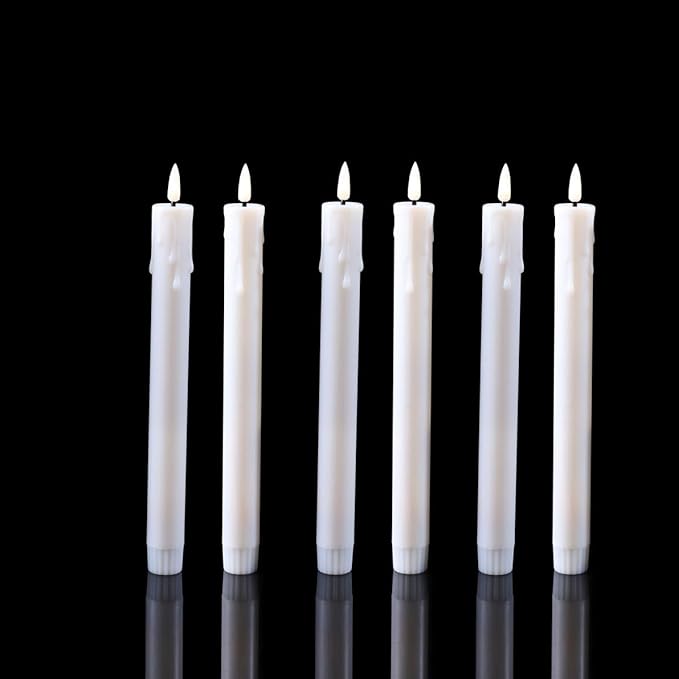 Pack of 6 Decorative Rechargeable White Taper Candles with USB Charge Warm White Light 10 Inch,Remote Flameless Christmas LED Window Candlesticks,25.5 cm Plastic Wedding Candles with Timer