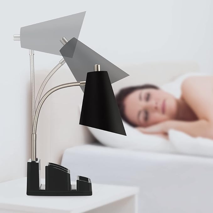 LED Desk Lamp with 1 USB Charging Port and 1 AC Outlet, Organizer Base, Adjustable Neck, On/Off Switch, Modern Table Lamp for Reading, Working, Studying, Gentle Warm White Light, Eye Protect(Black)