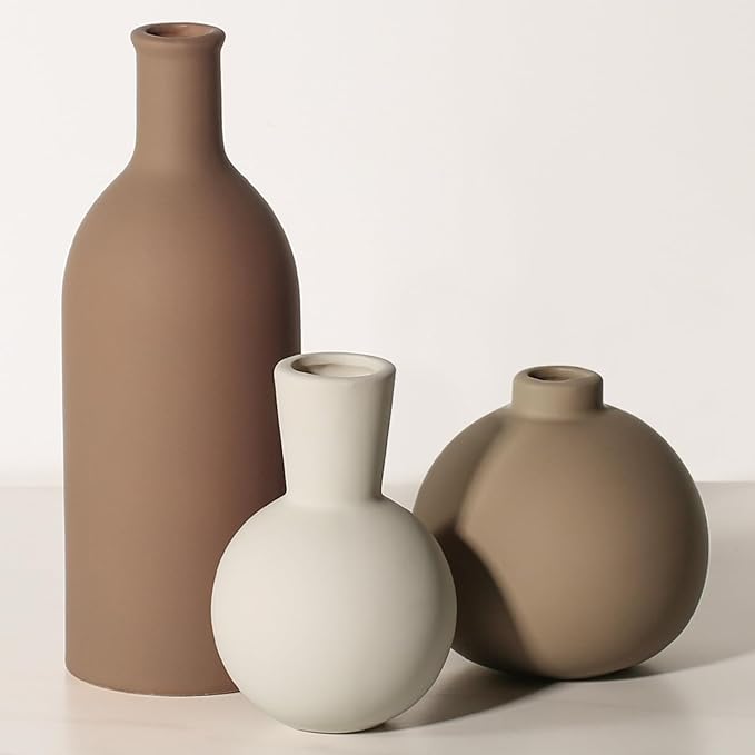 Ceramic Vase - Handmade Pottery Neutral Tone Home Decor for Floral Arrangements, Table Mantel Tray Decor - Modern Farmhouse Vases for Living Room Bedroom Kitchen Entryway (Multicolor-Brown, 3 PCS)