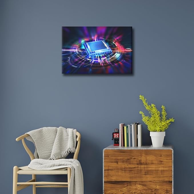 TUMOVO Glowing CPU Wall Art for Living Room CPU Concept Wall Decor Digital Age Framed Wall Painting AI Canvas Prints Pictures House Decoration for Bedroom Modern Artwork Office Wall Art, 18x12in